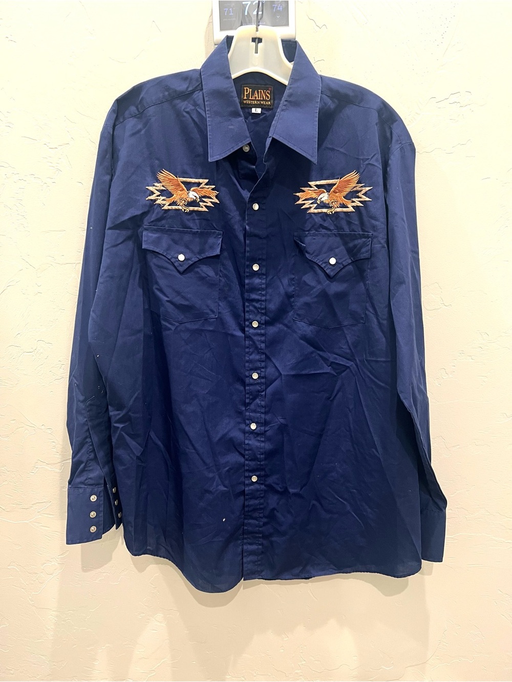 Plains Western Blue Pearl Snap Button Up Eagle Embroirdered Shirt